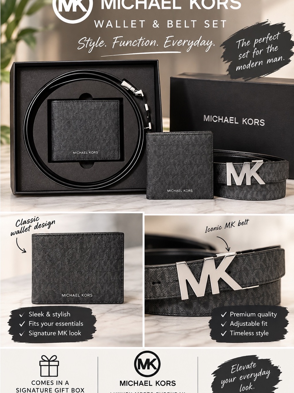 Michael Kors Men's Black MK Logo Belt & Wallet Set
